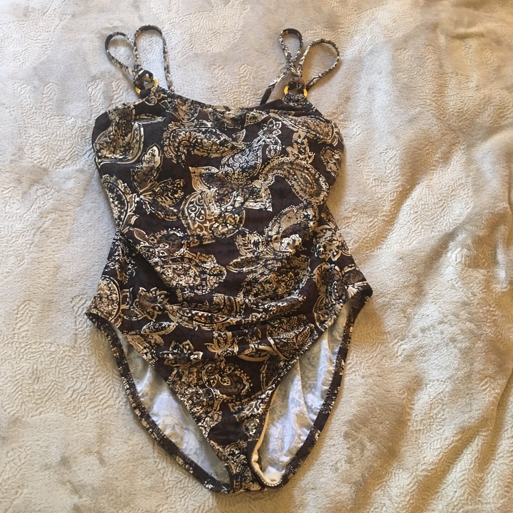 Catalina brown black white double straps gold rings one piece printed Size 14